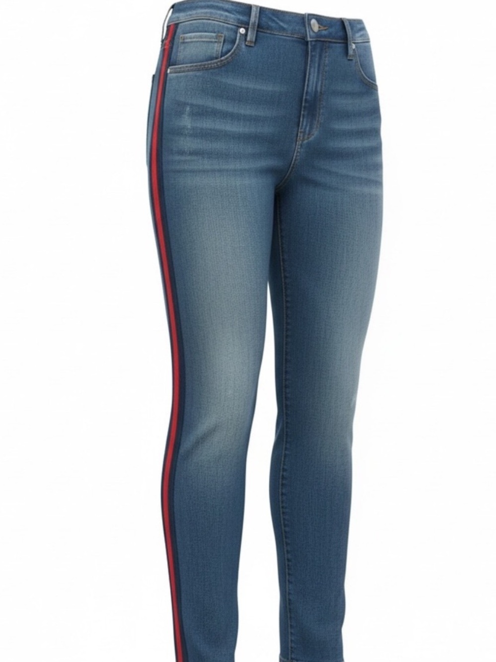 Women’s Blue Jeans with Red Side Stripe and fringed bottom